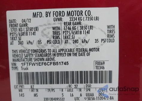2012 Ford F-150 Xlt z USA, uszkodzony, nr VIN 1FTFW1EF6CFB51745